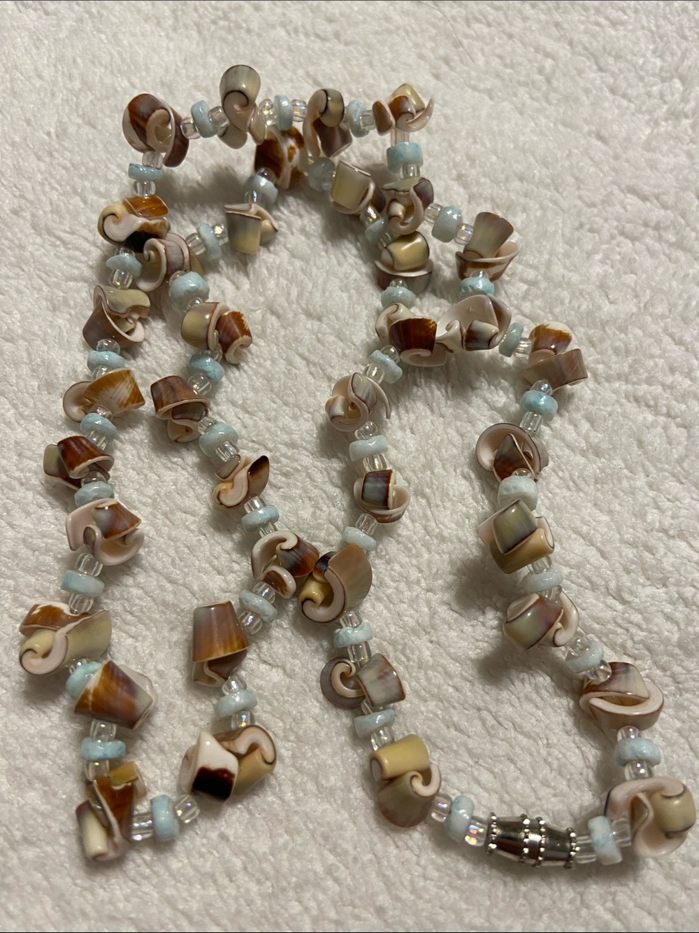 Shell Bead Necklace in Brown and Cream with Light Blue Accents